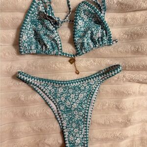 SHEIN Teal and White Floral Triangle Bikini Set